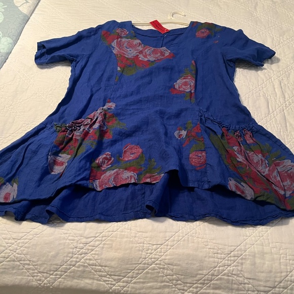 Carmella 100% Linen Tunic Made in Italy Pockets Blue Shirt Floral XXL NWT - Picture 8 of 11